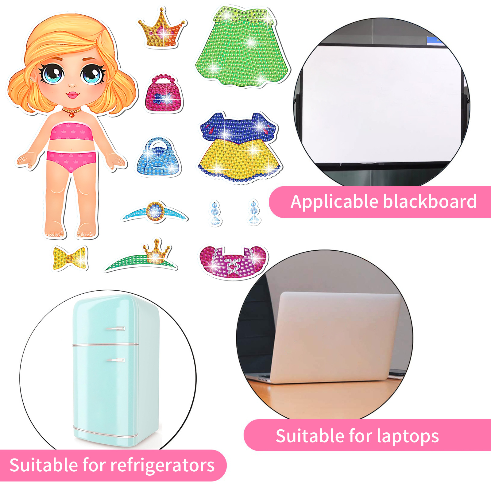Muñeca encantadora trajes de dibujo de diamante de absorción pegatinas de refrigerador para niños DIY creativo mampostería pegatinas juguetes al por mayor