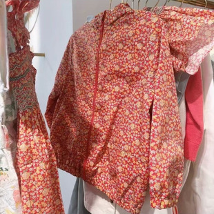 Girls' New Red Floral Hooded Windbreaker Jacket Lightweight Printed Jacket Waterproof Top