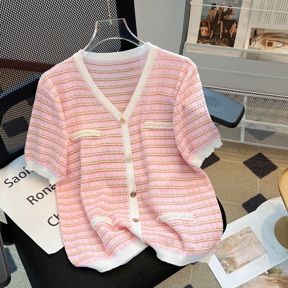 Chanel style V-neck short-sleeved sweater for women 2024 Summer new pink thin slimming T-shirt Ice Silk top spring and autumn