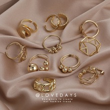 小众设计风格几何复古开口戒指冷淡风抖快同款欧美金色金属指环