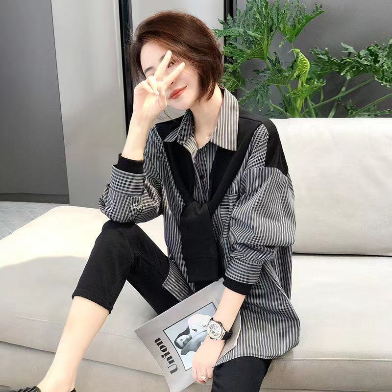 Women's Clothing Cool women's clothing black and gray striped tops shirts women's design sense fashion outer wear versatile temperament new_voghion.com