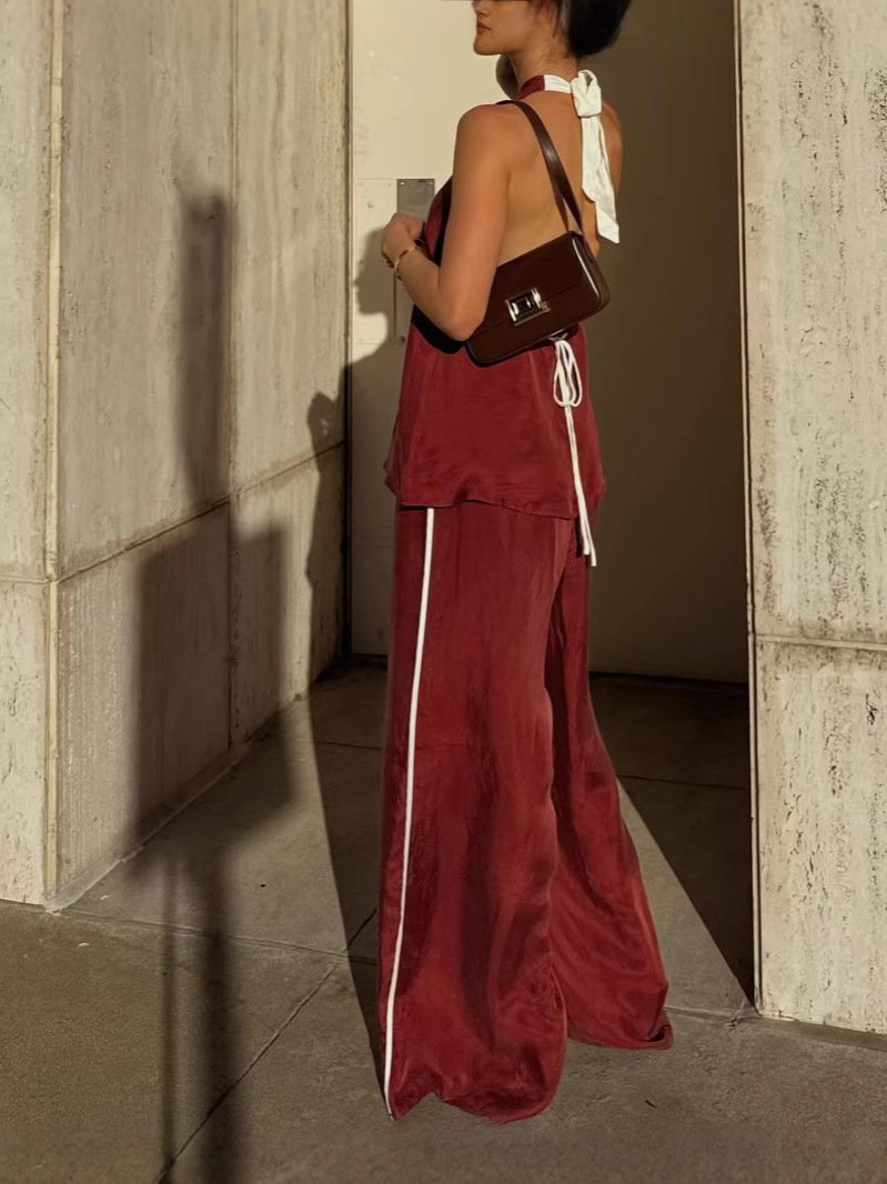 Nuevo estilo transfronterizo europeo y americano comercio exterior ropa de mujer sin mangas cuello redondo color sólido pantalones de pierna ancha temperamento pantalones de traje de moda de viaje image 3