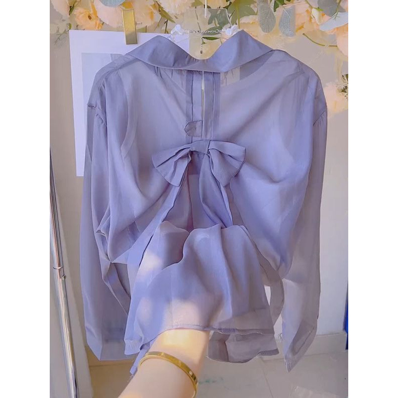 2025 Summer Gentle Sweet Back Bow Pearlescent Sunscreen Shirt Women's Thin Micro-transparent Chiffon Shirt Top 2025 Summer Gentle Sweet Back Bow Pearlescent Sunscreen Shirt Women's Thin Micro-transparent Chiffon Shirt Top