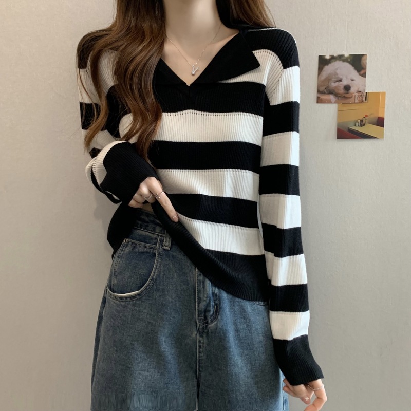 大码洋气v领内搭针织打底衫女装早秋胖mm显瘦遮肚子条纹长袖上衣|undefined