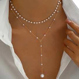 欧美跨境热销简约时尚双层叠戴Y字毛衣链珍珠吊坠项链necklace