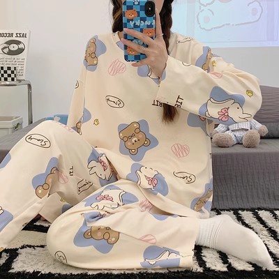 Pijama de manga larga de primavera y otoño simple coreano estilo de estilo avanzado joven suelto cuello redondo en casa otoño y invierno conjunto