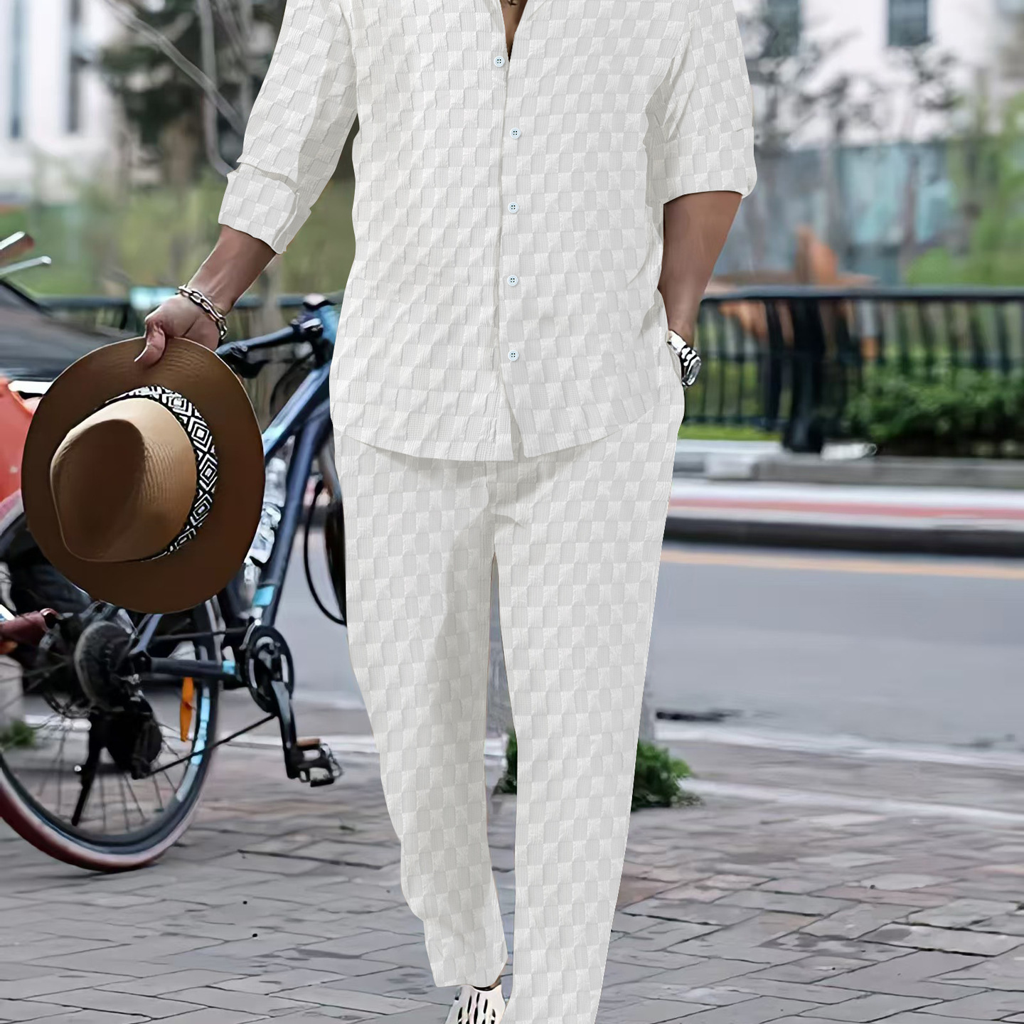 Cross-border European American Autumn Bestseller Men's Plaid Henley Collar Shirt And Trousers Trendy Casual_voghion.com