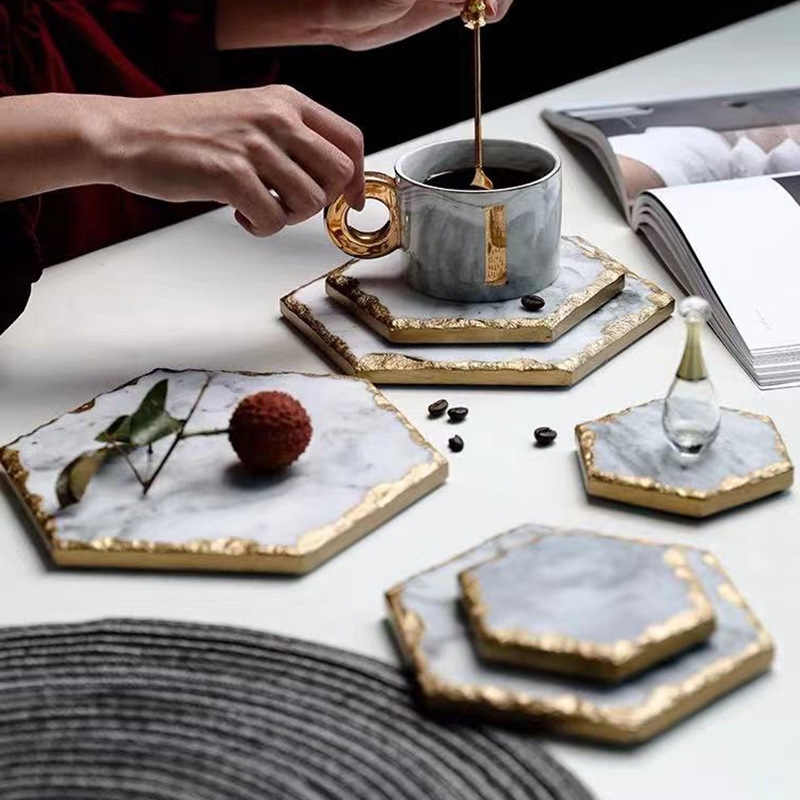 Nórdico ins estilo bandeja de mármol natural lujo oro borde placemat Coaster aislamiento vajilla suave accesorios Decoración