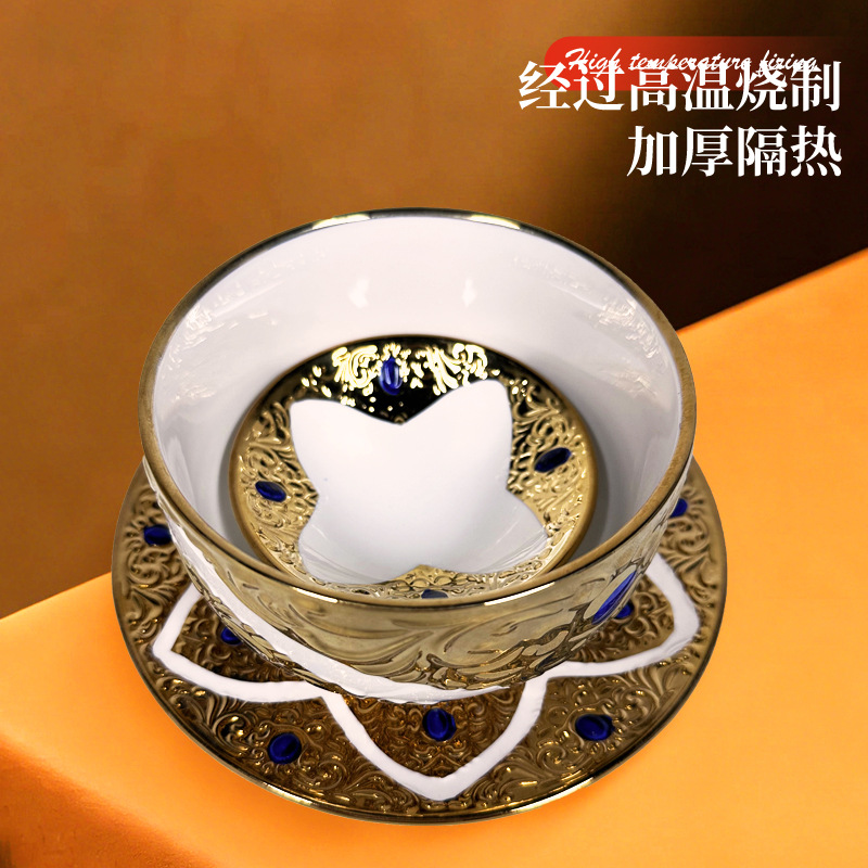 Middle Eastern Light Luxury Electroplated Ceramic Bowl, Gold-Plated Embossed Gold Detailing, High-Temperature Resistant Bowl and Plate, Direct Sales from Small Manufacturers for Restaurants and Hotels