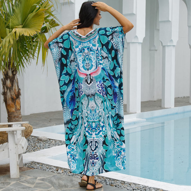 Beach blouse four-way stretch printing beach sun protection shirt robe holiday skirt bikini blouse Europe and the United States 5D35