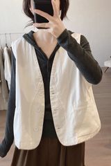 棉质马夹外套女士春秋季新款宽松显瘦v领简约小众设计感工装背心