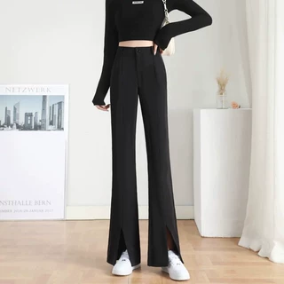 高腰西装微喇裤女春2026新款小个子垂感显瘦黑色前开叉阔腿喇叭裤