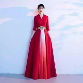 中国风红色大合唱团演出服女2026新款古筝二胡演奏礼服连衣裙长款