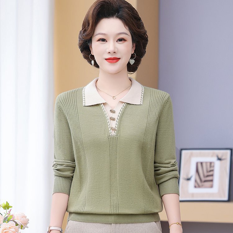 Mom's Autumn Fashion Lapel Knitwear Top 50-Year-Old Middle-Aged and Elderly Women's Long-Sleeved Knitwear Spring & Fall Bottoming Shirt
