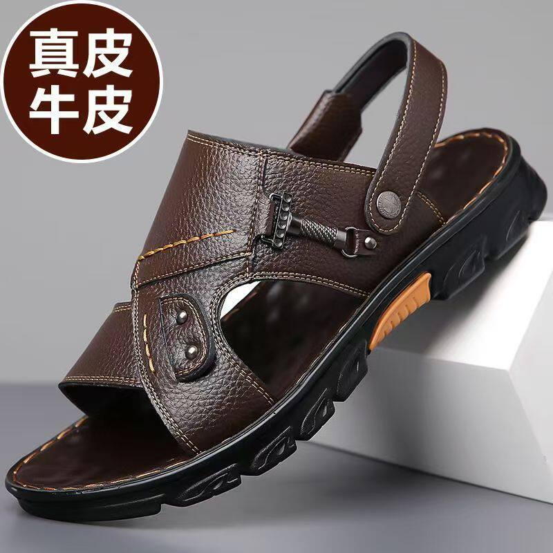 Dép sandal nam da bò thật quai ngang hở mũi, đế mềm chống trượt, đi biển và đi ngoài trời — GX màu nâu 23088, GX đen 23088