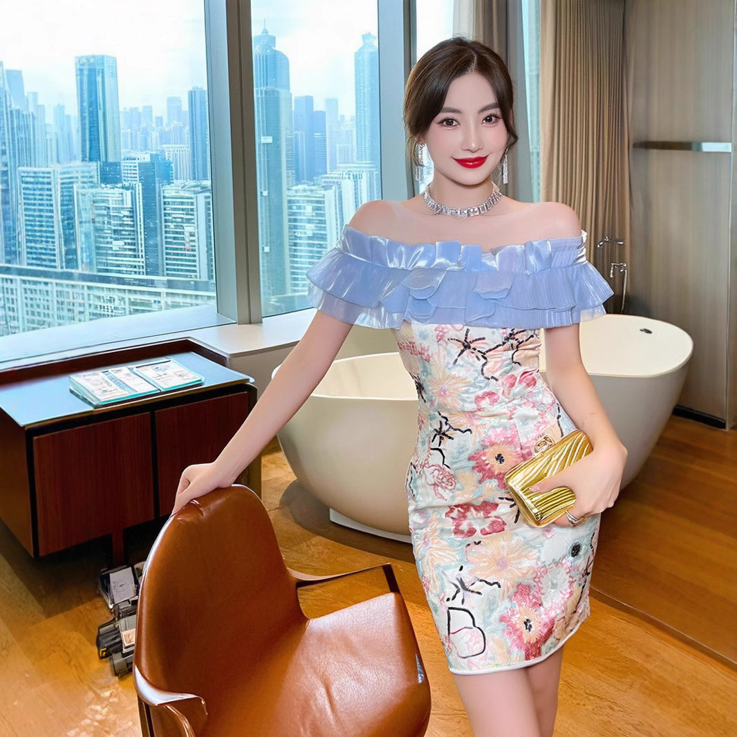Váy liền sequin ôm dáng trễ vai bèo nhún nữ tính — Xanh lam băng