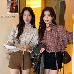 the limon柠檬绿茶2025秋季复古格子茧型宽松蝴蝶结围脖衬衫女