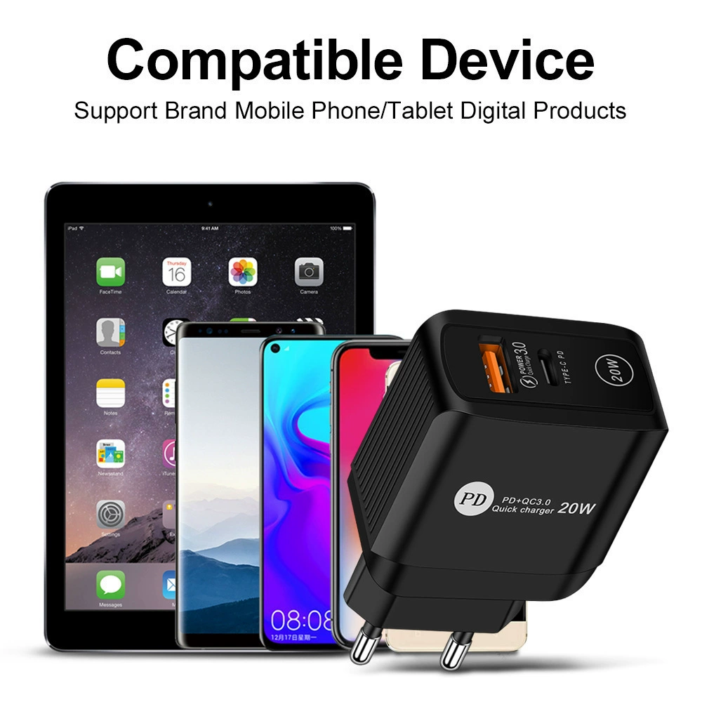Головка быстрой зарядки QC3.0 5V/9V/12V, быстрая зарядка, европейско-американский однопортовый USB-зарядник, протокол PD20W