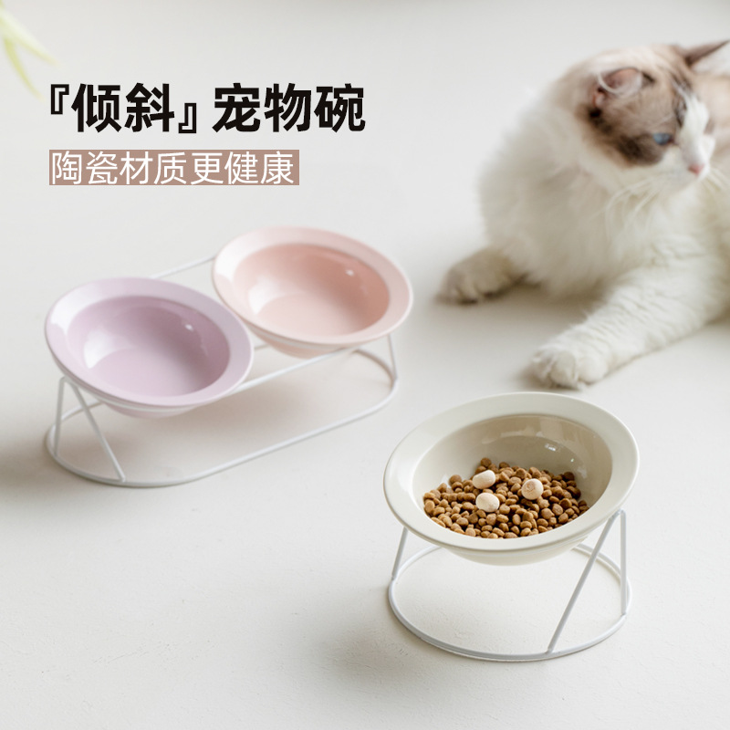 Cerámica inclinada para artículos de mascotas doble cuello protector de cuello para gatos tazón de comida para gatos aumento anti-derroquear tazón de agua para gatos y perros tazón de grano
