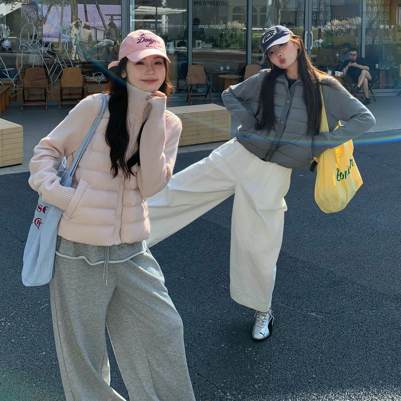 여성 스탠드넥 배색 숏패딩 겨울 경량 누빔 솜패딩 데일리 재킷