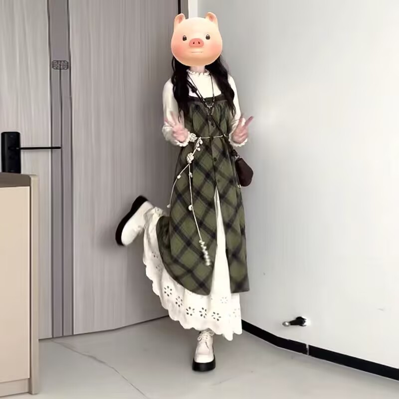 日系绿色长袖背带连衣裙套装2025秋季新款森女减龄甜美气质长裙子|undefined
