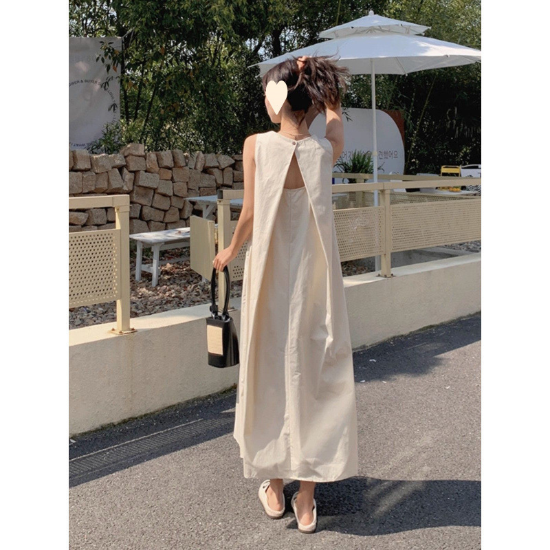 Summer Women's Clothing Batch New Style Hollow Backless Simple Temperament Mid-Length Round Neck Vest Sleeveless Dress