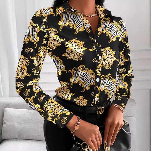 Wish Amazon Autumn Loose Long-Sleeve V-Neck Button Print Shirt Women's