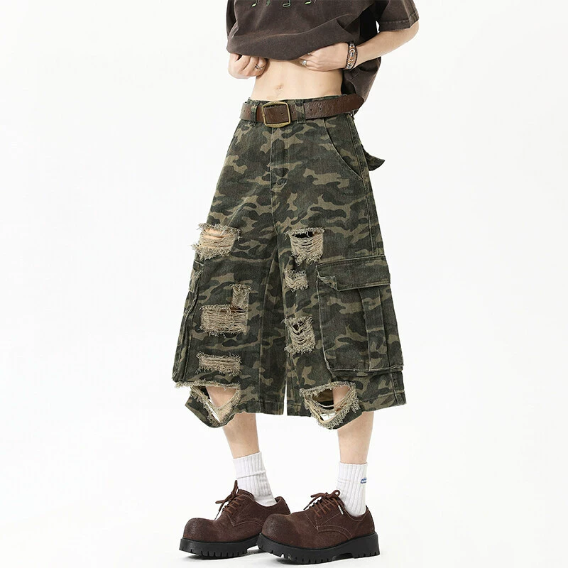 2025 камуфляжные рваные шорты джинсы контроль цен 88 американский хип-хоп стиль потертые укороченные брюки мужские цельные дропшиппинг