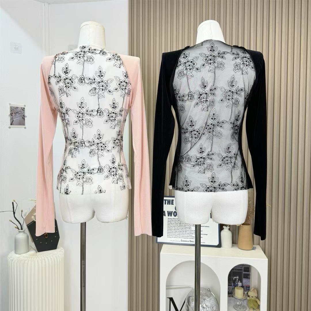 Normandy Girl's Velvet Patchwork Mesh Print Sheer Backless Fitted Top