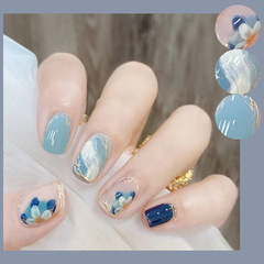 X133假指甲貼穿戴甲美甲成品甲片指甲貼片冰藍茶花甲片綠色穿戴甲