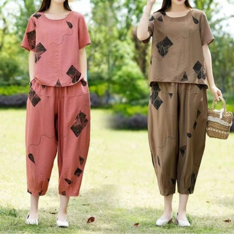 Dropshipping Fashion Casual Suit for Women 2024 Summer New Mother's Wear Short-Sleeved T-Shirt + Cropped Casual Pants