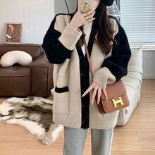 甜美风复古撞色口袋慵懒针织开衫女25年春季软糯宽松毛衣外套上衣