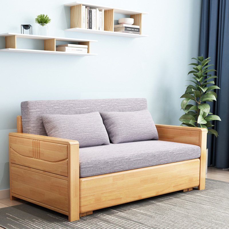 Casual Modern Solid Wood Sofa Bed 1.8m Foldable Telescopic Oak Bed Small and Medium-Sized Storage Dual-Use Sofa