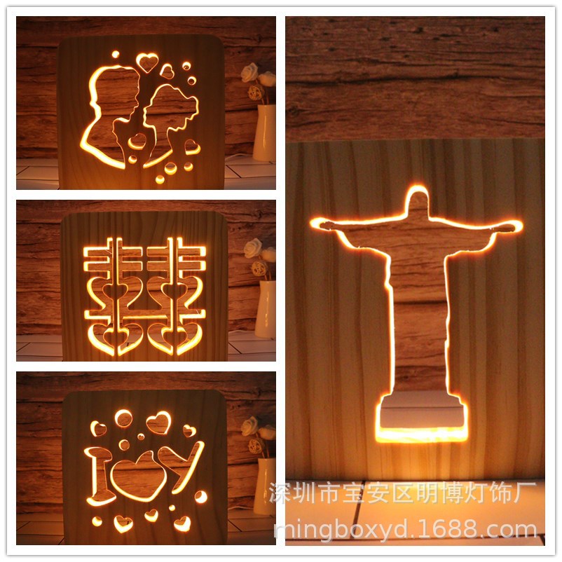 新款ins创意木头造型装饰灯 镂空小台灯 创意3D小夜灯厂家批发