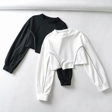 韓版時尚潮流新款寬松小圓領個性反光條不規則長袖短款運動衛衣