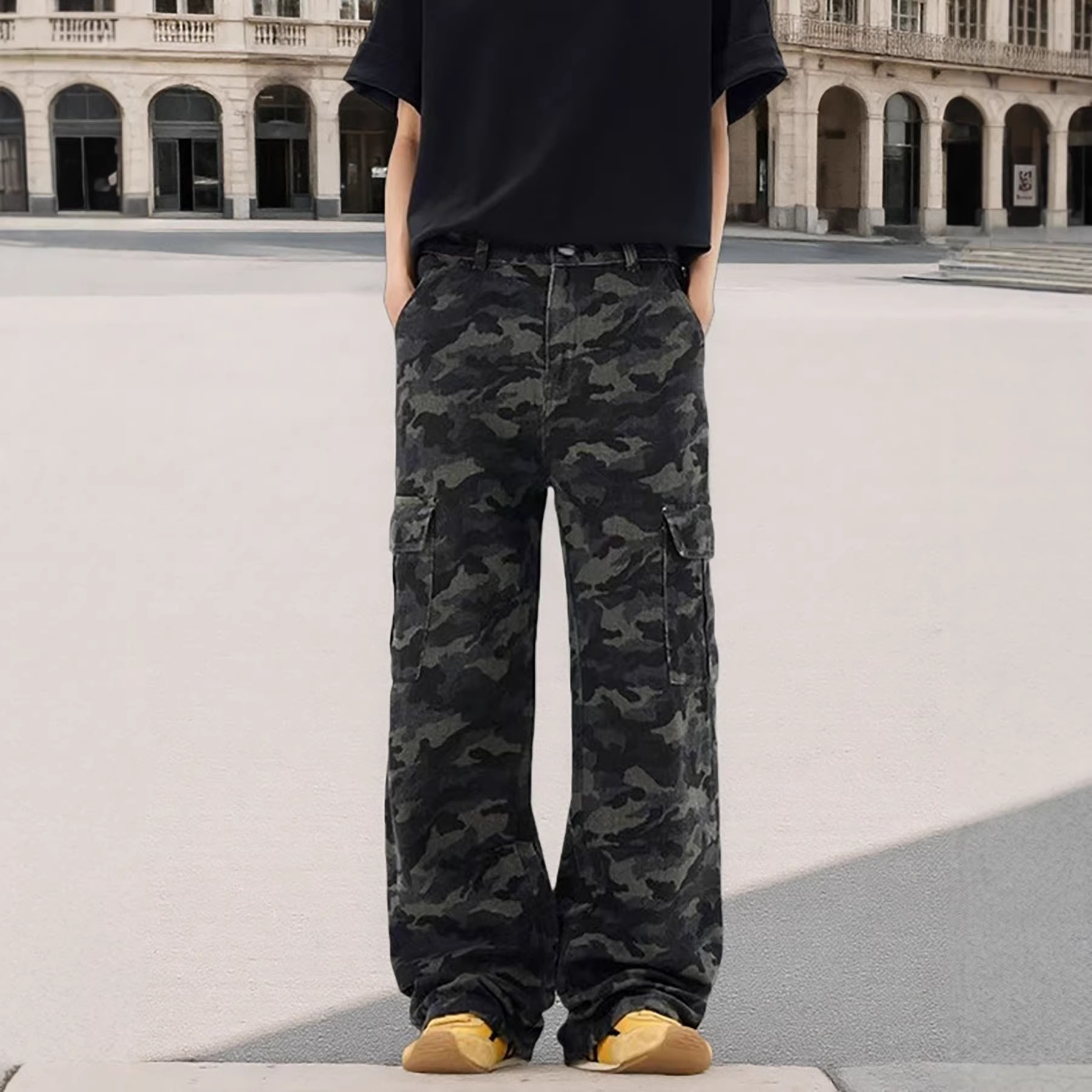 Men's Camouflage Wide Leg Pants Street Style Hip Hop Loose Fit Straight Leg Slightly Flared Cargo Jeans Trendy Brand Blue mid Waist_mkmklike.com