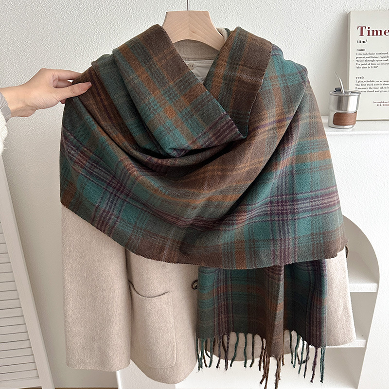 Scarf for Women in Winter New Style Plaid Tassel Thickeneded Shawl High-End Atmosphere Versatile Warm and Cold-Proof Scarf