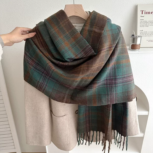 Scarf for Women in Winter New Style Plaid Tassel Thickeneded Shawl High-End Atmosphere Versatile Warm and Cold-Proof Scarf