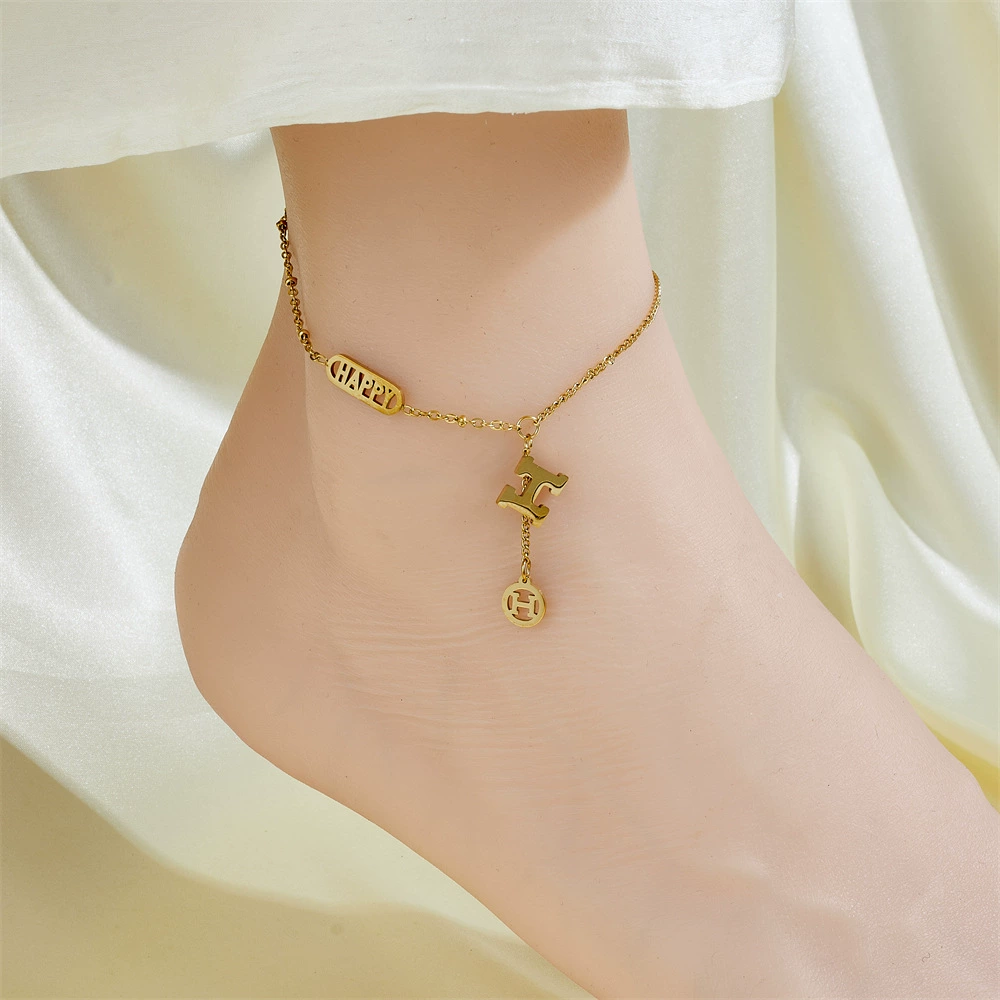 Ankle bracelet, chain, golden fashionable sexy accessory stainless steel, simple and elegant design, light luxury style, internet celebrity, 750 sample gold