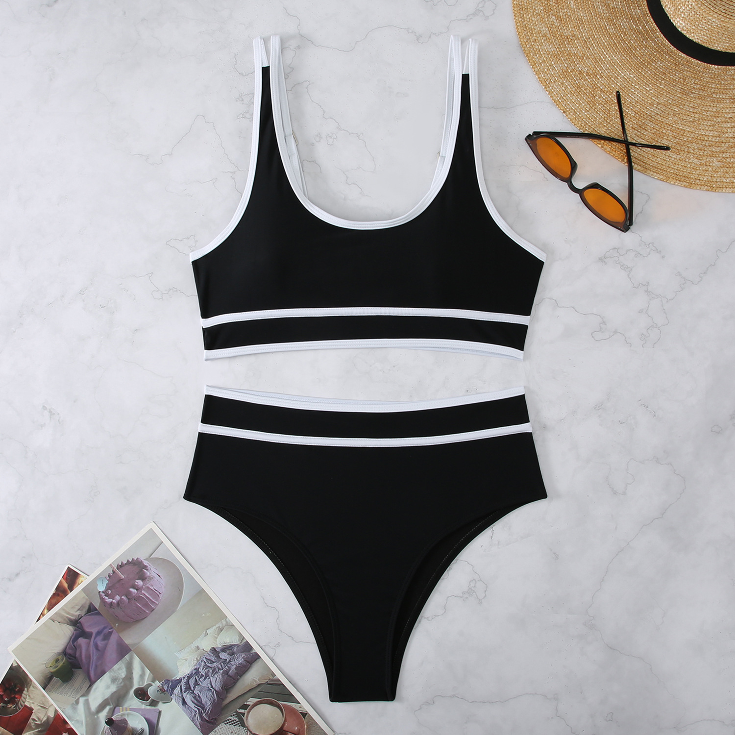Traje de Baño Bikini de Dos Piezas de Poliéster, Color Sólido, Sin Soporte de Acero, para Natación image 8