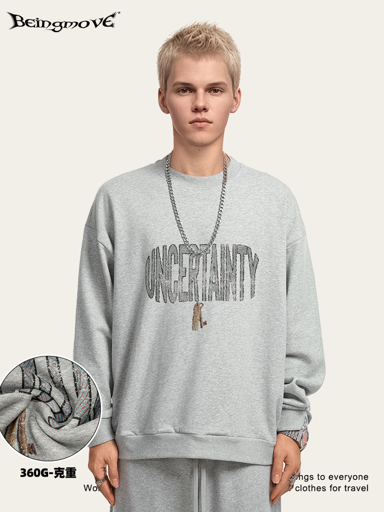 2025 otoño estilo de moda americano in pesado desgaste letras impresión de cuello redondo camiseta de vestir suelta para hombres