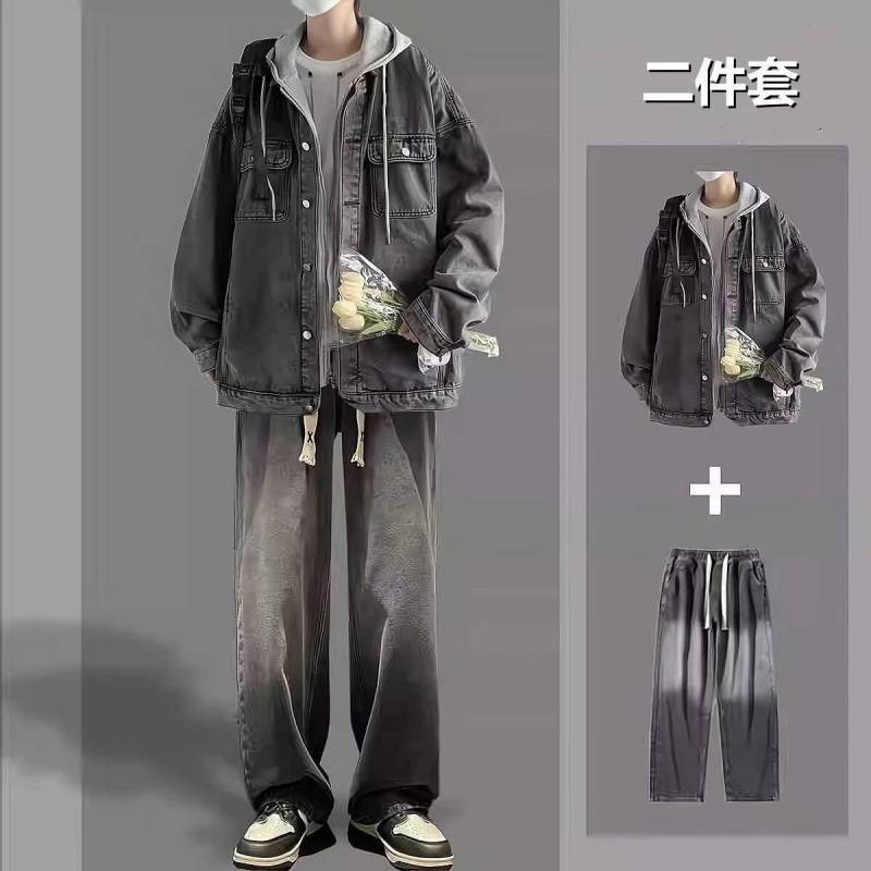 (2개) 봄과 가을 트렌디 한 데님 세트 남성용 하이 스트리트 핸저 십대 재킷 코트 청바지 투피스 세트