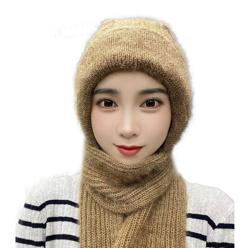 Winter integrated scarf one-piece hat for women, lined and thick, connected snowproof hat, autumn and winter handmade knitted wool hat for middle-aged and elderly women