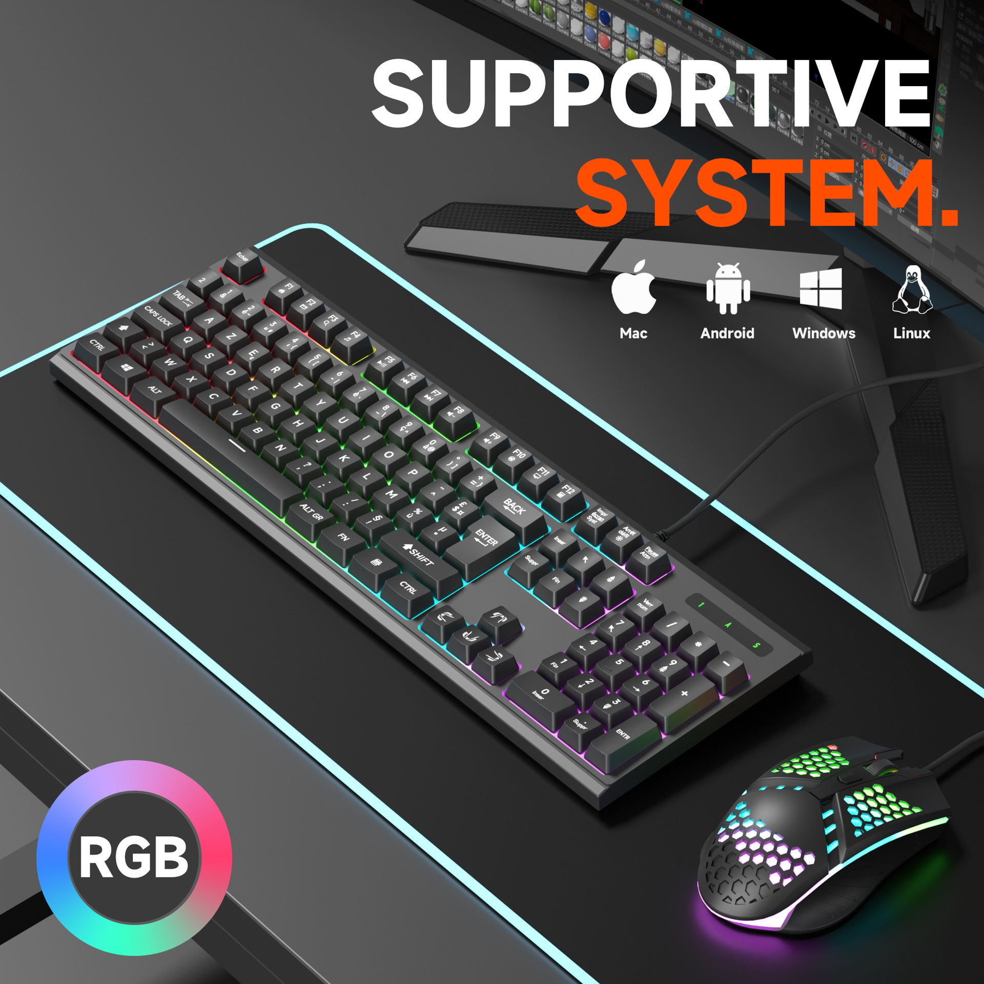 Cross-Border French Keycaps Multi-Language Wired Keyboard Rgb Luminous Gaming Keyboard E-Sports Game Multi-Use Direct Supply