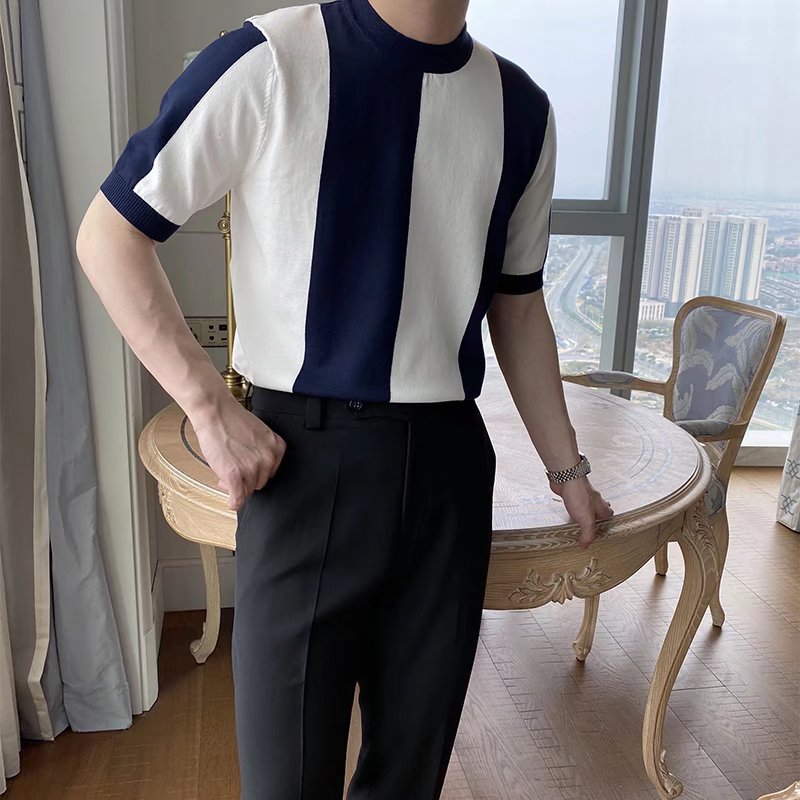 Nueva Camiseta de manga corta de seda de hielo a rayas casual ropa superior de los hombres delgados simples suéter de moda