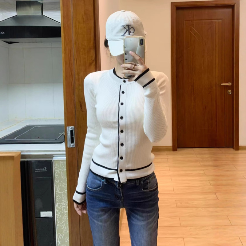 韩系小香风撞色毛衣开衫外套女秋季小个子显瘦修身针织打底衫上衣|undefined