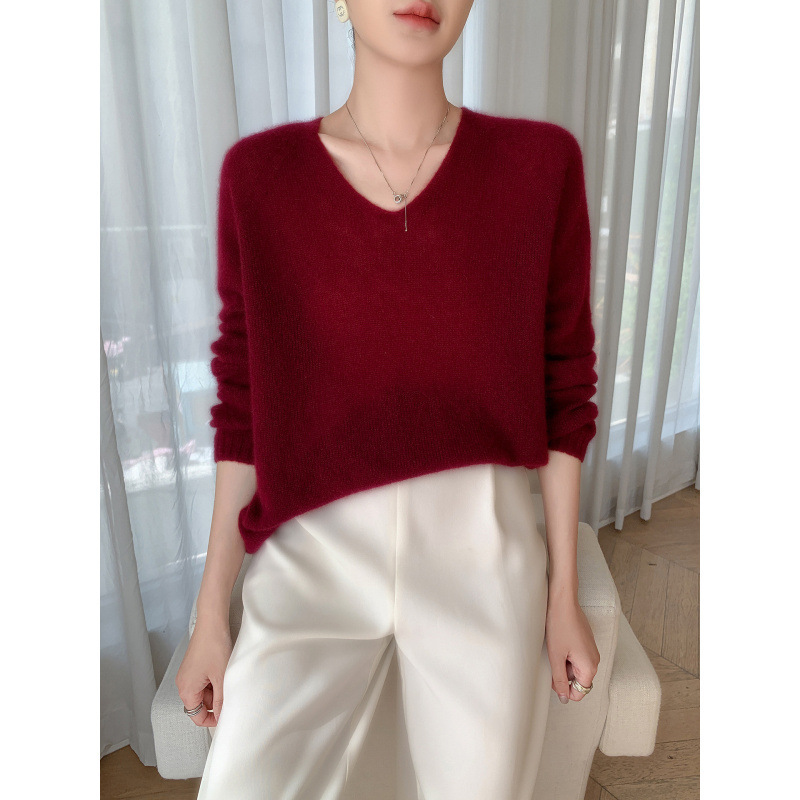 Thin Mulberry Silk Cashmere Knitwear for Women in Autumn and Winter Loose Casual Slightly See-Through Long-Sleeved Pure Color Top Pullover Versatile