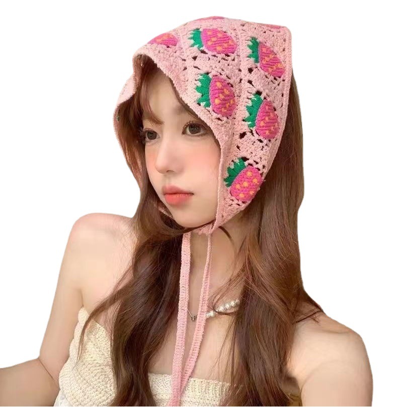 Manufacturer Wholesale Knitted Headscarf for Women, Suitable for Beach Outings, Sweet and Cute Crochet Hollow Triangle Scarf, Hairband, Headwear