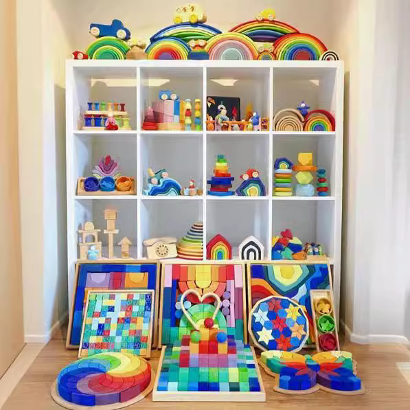 Bloques de construcción de arco iris para niños de madera juguetes bebé color cognición educación infantil altura apilamiento 3-10 años Juguetes