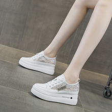 韩版新款蕾丝网面单鞋坡跟镂空透气内增高女鞋平底休闲鞋网纱鞋